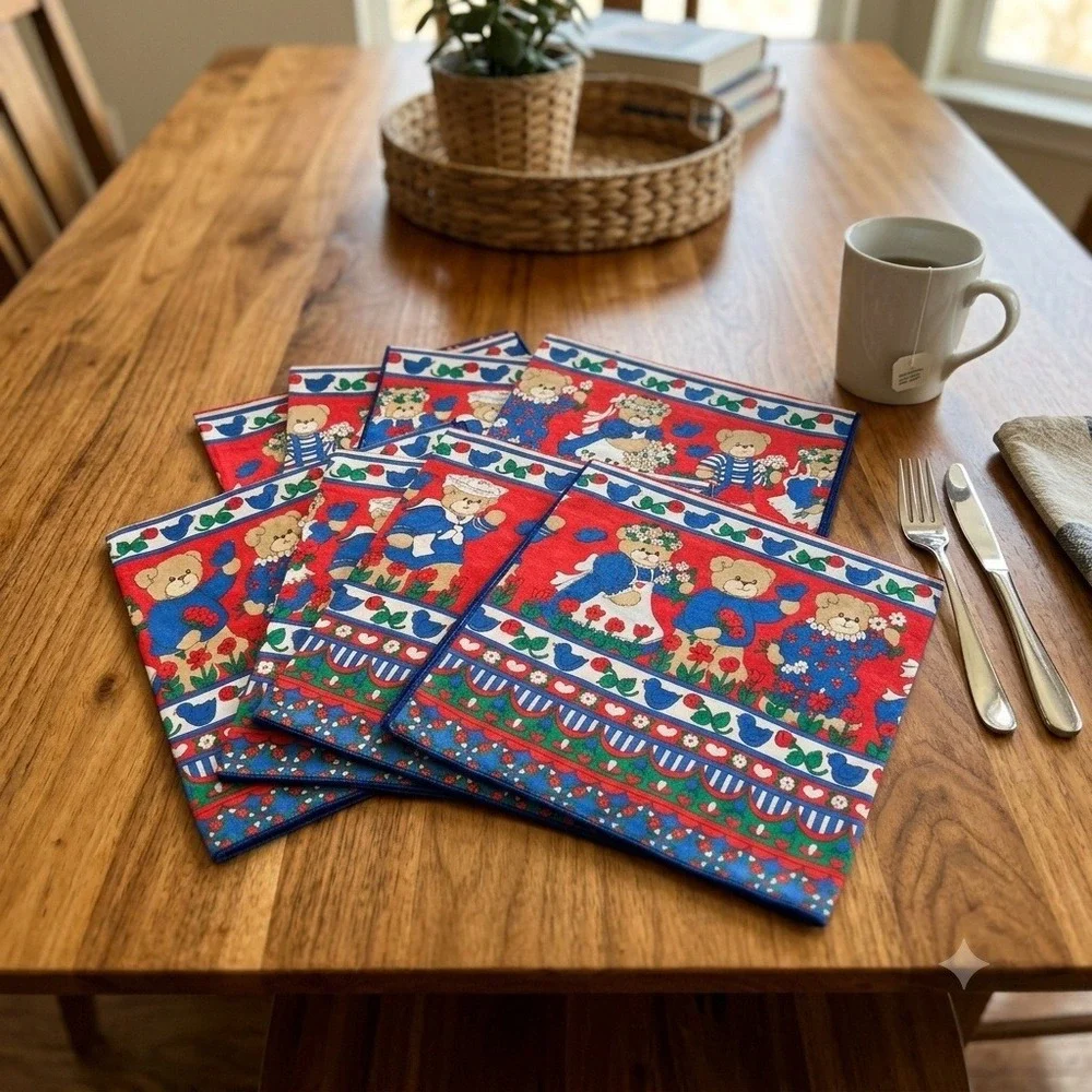 Vintage Teddy Bear Cloth Napkins 8 Red Blue Cottagecore Kitchen Linens UNUSED